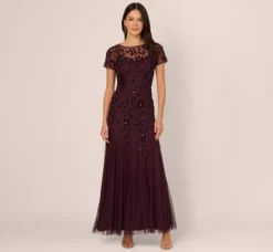 Adrianna Papell Wedding Guest Dresses|Formal Dresses*Hand Beaded Short Sleeve Floral Godet Gown In Night Plum