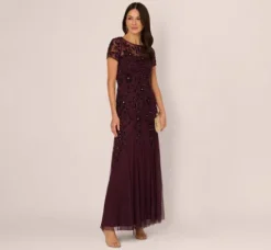 Adrianna Papell Wedding Guest Dresses|Formal Dresses*Hand Beaded Short Sleeve Floral Godet Gown In Night Plum
