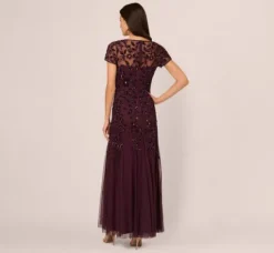 Adrianna Papell Wedding Guest Dresses|Formal Dresses*Hand Beaded Short Sleeve Floral Godet Gown In Night Plum