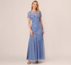 Adrianna Papell Wedding Guest Dresses|Formal Dresses*Hand Beaded Short Sleeve Floral Godet Gown In French Blue