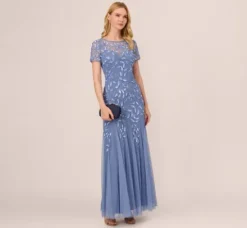 Adrianna Papell Wedding Guest Dresses|Formal Dresses*Hand Beaded Short Sleeve Floral Godet Gown In French Blue