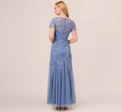 Adrianna Papell Wedding Guest Dresses|Formal Dresses*Hand Beaded Short Sleeve Floral Godet Gown In French Blue