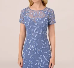 Adrianna Papell Wedding Guest Dresses|Formal Dresses*Hand Beaded Short Sleeve Floral Godet Gown In French Blue