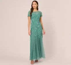 Adrianna Papell Wedding Guest Dresses|Formal Dresses*Hand Beaded Short Sleeve Floral Godet Gown In Green Slate