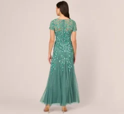 Adrianna Papell Wedding Guest Dresses|Formal Dresses*Hand Beaded Short Sleeve Floral Godet Gown In Green Slate