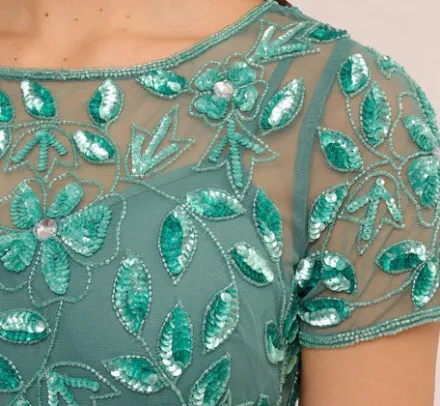 Adrianna Papell Wedding Guest Dresses|Formal Dresses*Hand Beaded Short Sleeve Floral Godet Gown In Green Slate