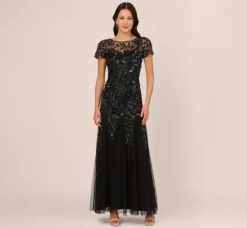 Adrianna Papell Wedding Guest Dresses|Formal Dresses*Hand Beaded Short Sleeve Floral Godet Gown In Black Gunmetal