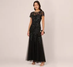 Adrianna Papell Wedding Guest Dresses|Formal Dresses*Hand Beaded Short Sleeve Floral Godet Gown In Black Gunmetal