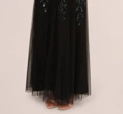 Adrianna Papell Wedding Guest Dresses|Formal Dresses*Hand Beaded Short Sleeve Floral Godet Gown In Black Gunmetal