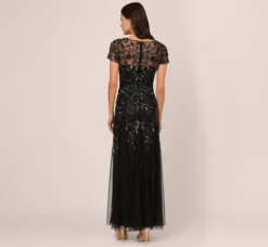 Adrianna Papell Wedding Guest Dresses|Formal Dresses*Hand Beaded Short Sleeve Floral Godet Gown In Black Gunmetal