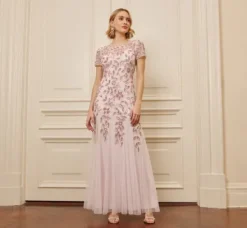 Adrianna Papell Wedding Guest Dresses|Formal Dresses*Hand Beaded Short Sleeve Floral Godet Gown In Blush Pink