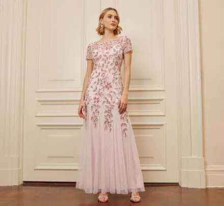 Adrianna Papell Wedding Guest Dresses|Formal Dresses*Hand Beaded Short Sleeve Floral Godet Gown In Blush Pink