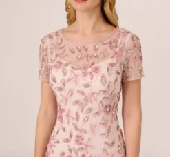 Adrianna Papell Wedding Guest Dresses|Formal Dresses*Hand Beaded Short Sleeve Floral Godet Gown In Blush Pink