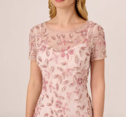 Adrianna Papell Wedding Guest Dresses|Formal Dresses*Hand Beaded Short Sleeve Floral Godet Gown In Blush Pink