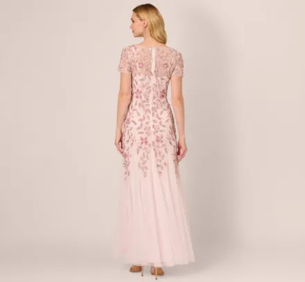 Adrianna Papell Wedding Guest Dresses|Formal Dresses*Hand Beaded Short Sleeve Floral Godet Gown In Blush Pink