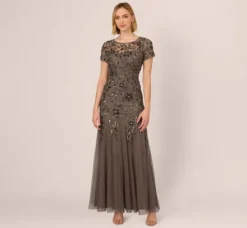 Adrianna Papell Wedding Guest Dresses|Formal Dresses*Hand Beaded Short Sleeve Floral Godet Gown In