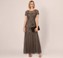 Adrianna Papell Wedding Guest Dresses|Formal Dresses*Hand Beaded Short Sleeve Floral Godet Gown In