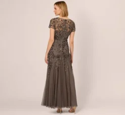 Adrianna Papell Wedding Guest Dresses|Formal Dresses*Hand Beaded Short Sleeve Floral Godet Gown In