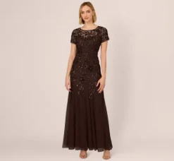 Adrianna Papell Wedding Guest Dresses|Formal Dresses*Hand Beaded Short Sleeve Floral Godet Gown In