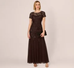 Adrianna Papell Wedding Guest Dresses|Formal Dresses*Hand Beaded Short Sleeve Floral Godet Gown In