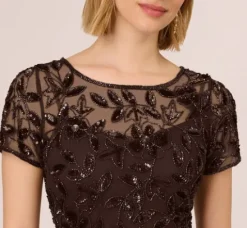Adrianna Papell Wedding Guest Dresses|Formal Dresses*Hand Beaded Short Sleeve Floral Godet Gown In