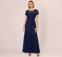 Adrianna Papell Wedding Guest Dresses|Formal Dresses*Hand Beaded Short Sleeve Floral Godet Gown In Light Navy