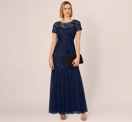 Adrianna Papell Wedding Guest Dresses|Formal Dresses*Hand Beaded Short Sleeve Floral Godet Gown In Light Navy