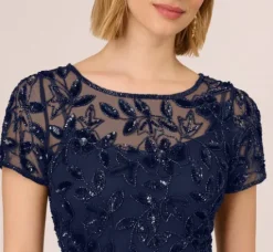 Adrianna Papell Wedding Guest Dresses|Formal Dresses*Hand Beaded Short Sleeve Floral Godet Gown In Light Navy