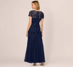 Adrianna Papell Wedding Guest Dresses|Formal Dresses*Hand Beaded Short Sleeve Floral Godet Gown In Light Navy