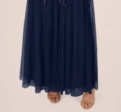 Adrianna Papell Wedding Guest Dresses|Formal Dresses*Hand Beaded Short Sleeve Floral Godet Gown In Light Navy