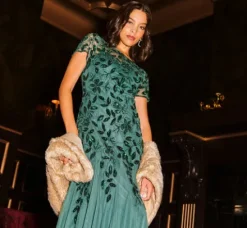 Adrianna Papell Wedding Guest Dresses|Formal Dresses*Hand Beaded Short Sleeve Floral Godet Gown In Dusty Emerald