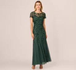 Adrianna Papell Wedding Guest Dresses|Formal Dresses*Hand Beaded Short Sleeve Floral Godet Gown In Dusty Emerald