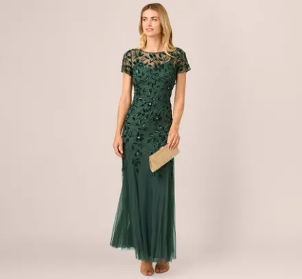 Adrianna Papell Wedding Guest Dresses|Formal Dresses*Hand Beaded Short Sleeve Floral Godet Gown In Dusty Emerald