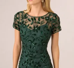 Adrianna Papell Wedding Guest Dresses|Formal Dresses*Hand Beaded Short Sleeve Floral Godet Gown In Dusty Emerald