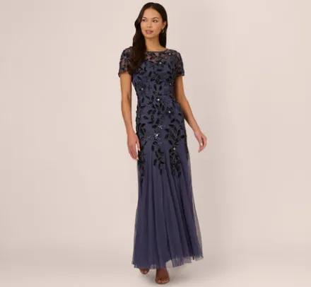 Adrianna Papell Wedding Guest Dresses|Formal Dresses*Hand Beaded Short Sleeve Floral Godet Gown In Smoky Peri