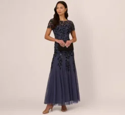 Adrianna Papell Wedding Guest Dresses|Formal Dresses*Hand Beaded Short Sleeve Floral Godet Gown In Smoky Peri