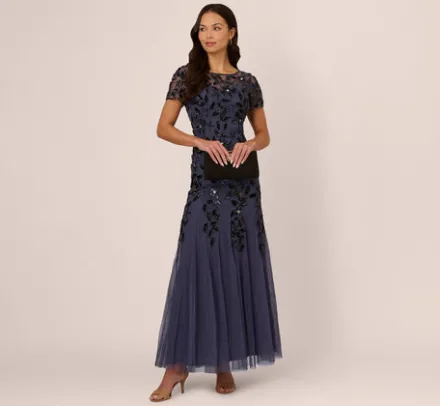 Adrianna Papell Wedding Guest Dresses|Formal Dresses*Hand Beaded Short Sleeve Floral Godet Gown In Smoky Peri