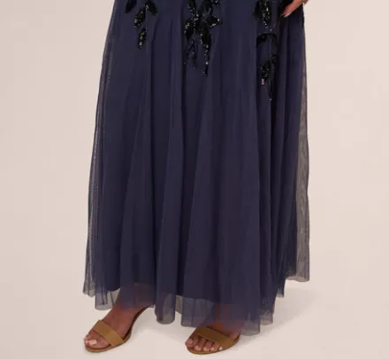 Adrianna Papell Wedding Guest Dresses|Formal Dresses*Hand Beaded Short Sleeve Floral Godet Gown In Smoky Peri
