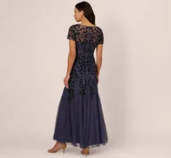 Adrianna Papell Wedding Guest Dresses|Formal Dresses*Hand Beaded Short Sleeve Floral Godet Gown In Smoky Peri