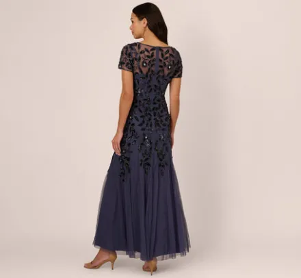 Adrianna Papell Wedding Guest Dresses|Formal Dresses*Hand Beaded Short Sleeve Floral Godet Gown In Smoky Peri