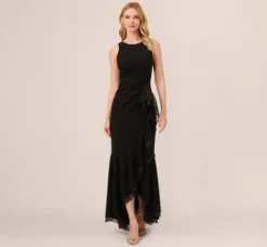 Adrianna Papell Wedding Guest Dresses|Formal Dresses*High Low Crepe Halter Gown With Organza Draping In