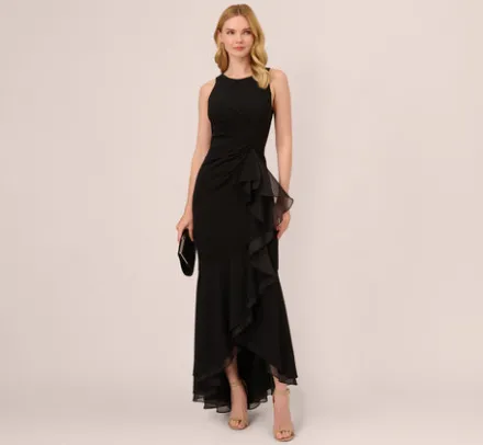 Adrianna Papell Wedding Guest Dresses|Formal Dresses*High Low Crepe Halter Gown With Organza Draping In