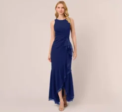 Adrianna Papell Wedding Guest Dresses|Formal Dresses*High Low Crepe Halter Gown With Organza Draping In Navy Sateen