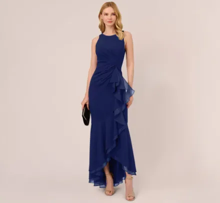 Adrianna Papell Wedding Guest Dresses|Formal Dresses*High Low Crepe Halter Gown With Organza Draping In Navy Sateen