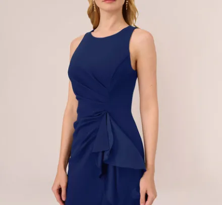 Adrianna Papell Wedding Guest Dresses|Formal Dresses*High Low Crepe Halter Gown With Organza Draping In Navy Sateen