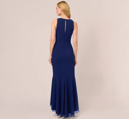 Adrianna Papell Wedding Guest Dresses|Formal Dresses*High Low Crepe Halter Gown With Organza Draping In Navy Sateen