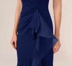 Adrianna Papell Wedding Guest Dresses|Formal Dresses*High Low Crepe Halter Gown With Organza Draping In Navy Sateen
