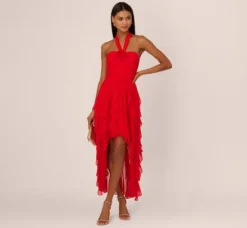 Adrianna Papell Wedding Guest Dresses|Formal Dresses*High Low Halter Dress With 3D Floral Accent In Red Desire