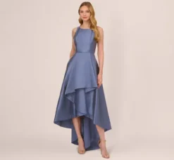 Adrianna Papell Wedding Guest Dresses|Formal Dresses*High Low Mikado Gown With Asymmetrical Detail In Blue Frost
