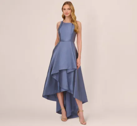 Adrianna Papell Wedding Guest Dresses|Formal Dresses*High Low Mikado Gown With Asymmetrical Detail In Blue Frost